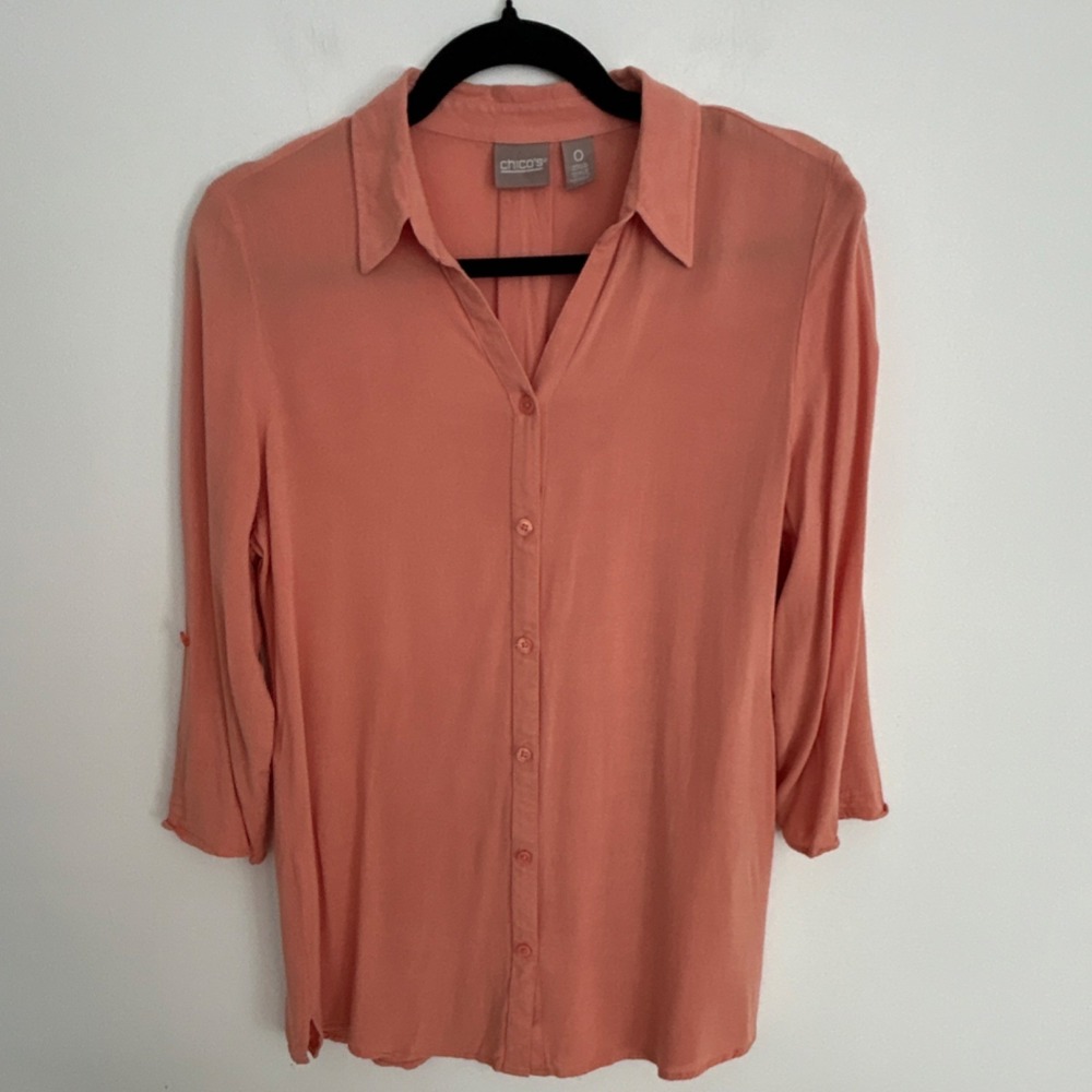 Chico's Coral Rayon Button-Up Collared Blouse 3/4 Roll Tab Sleeve Size‎ 0